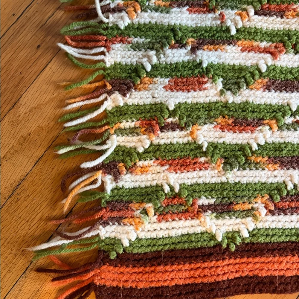 Handmade Cozy Striped Crochet Throw Blanket Green Orange &White 64” x 54” MCM